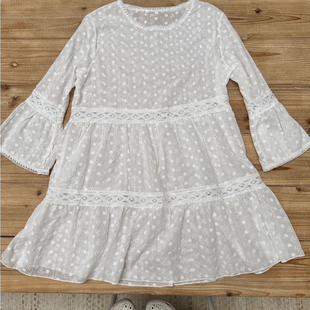 White Cotton Eyelet Lace Tiered Mini Dress Bell Sleeve Boho Cottagecore | Size S